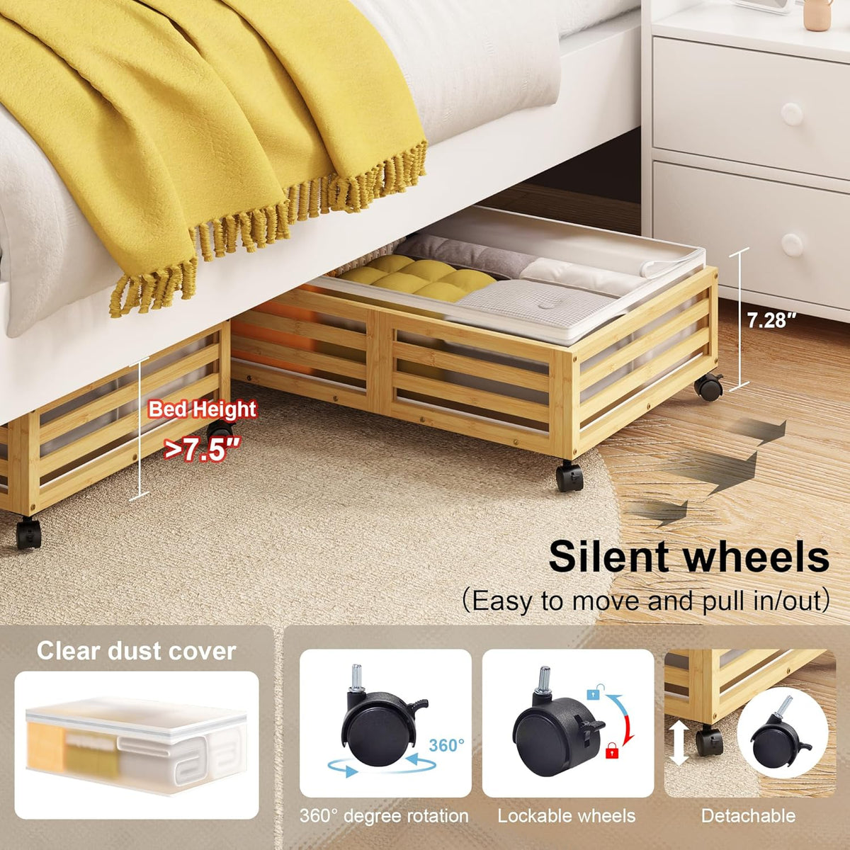 Under Bed Storage Containers With Wheels - 2 Pcs Bamboo Wood Rolling Underbed Shoe Storage Bins