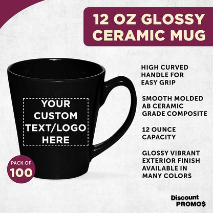 DISCOUNT PROMOS Custom Glossy Ceramic Latte Coffee Mug 12 oz. Set of 100, Personalized Bulk Pack
