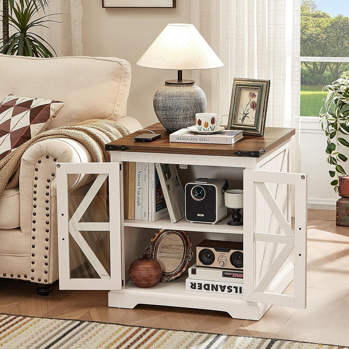 24" End Table Set of 2 with Charging Station, Farmhouse Night Stand with Glass Barn Door