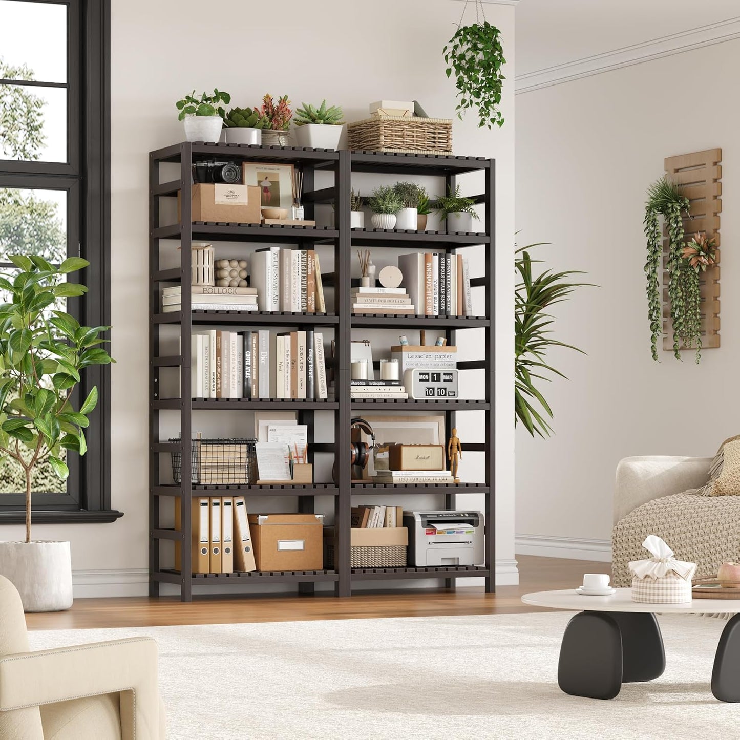 FOTOSOK 6-Tier Bamboo Shelf, Bamboo Bookcase with Adjustable Shelves, Free Standing Storage Shelf