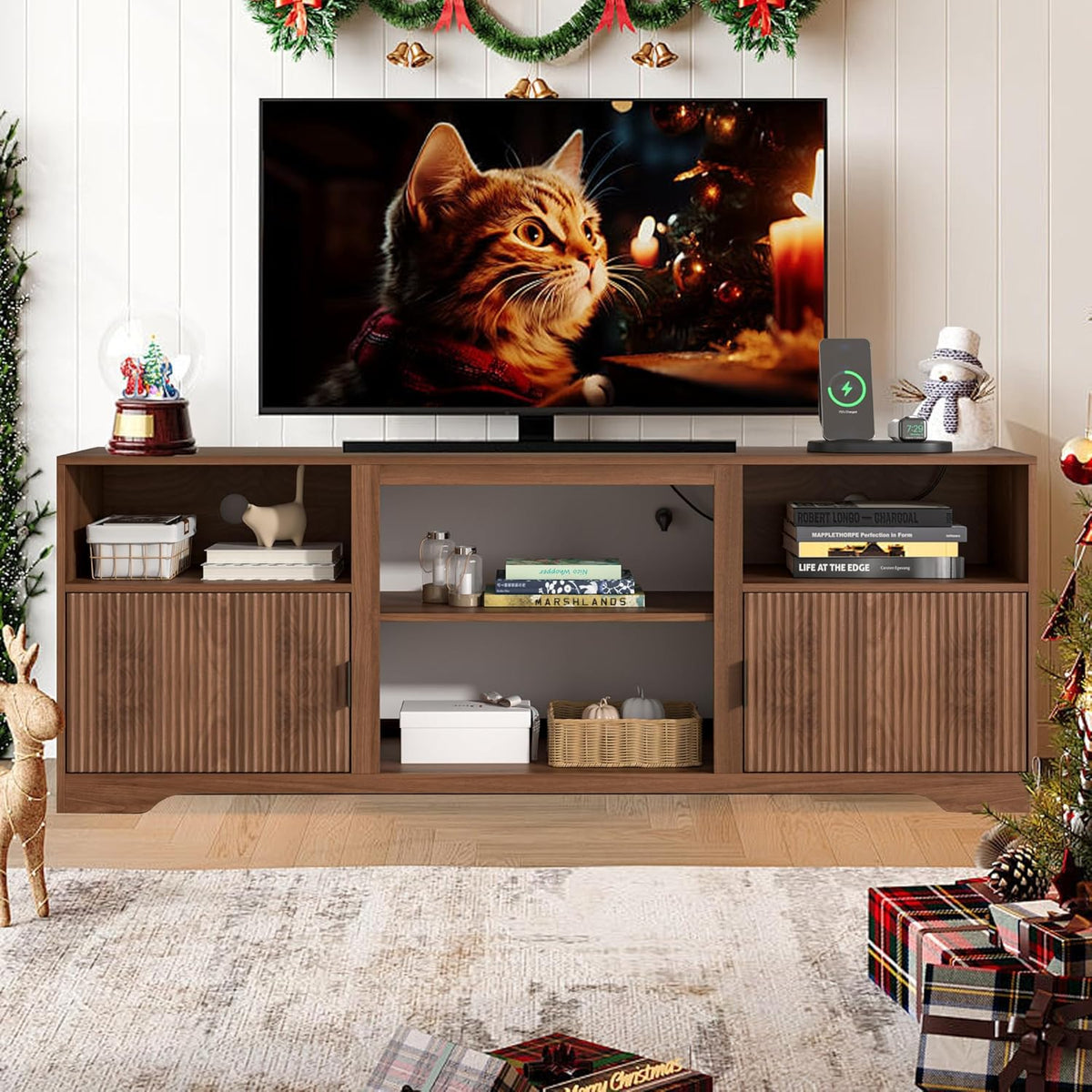 Fluted TV Stand for Tvs up to 80",Mid Century Modern TV Stand with Open Adjustable