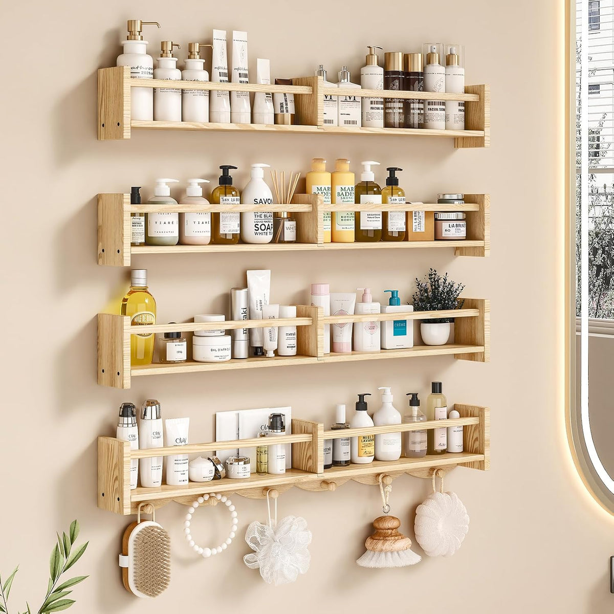 34Inch Nursery Bookshelves,Set of 4,Wall Floating Shelf Kids Coat Rack with 6Hooks,Hanging Book