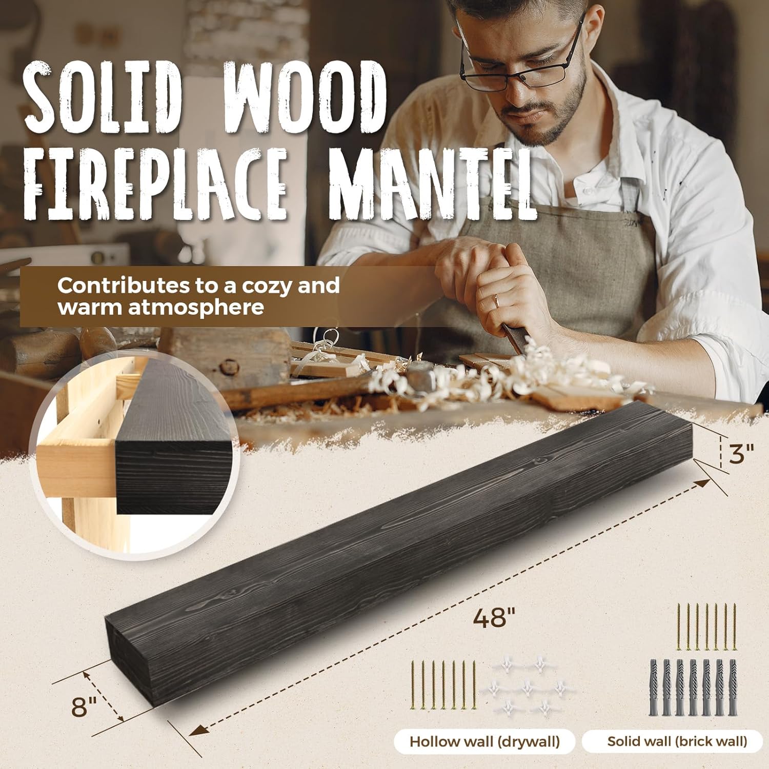 48x8x3 Fireplace Mantel - Handcrafted Hollow Rustic Solid Wood Wall Mounted Floating Shelf with