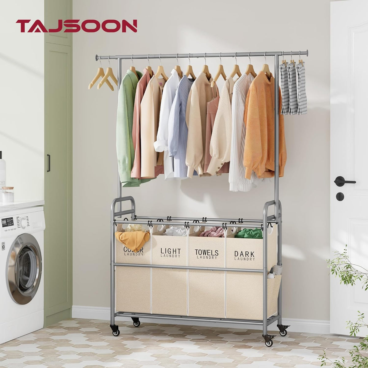 Tajsoon Laundry Hamper with Hanging Rack, Laundry Sorter 4 Sections, 4 Basket Butler with Lockable