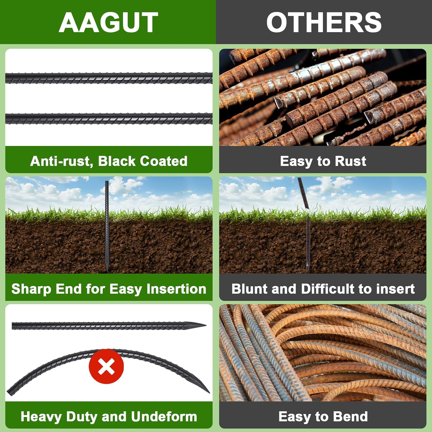 AAGUT 16 Inch Rebar Stakes Heavy Duty 16 Pack 3/8" Diameter Landscape Timber Spikes, Straight