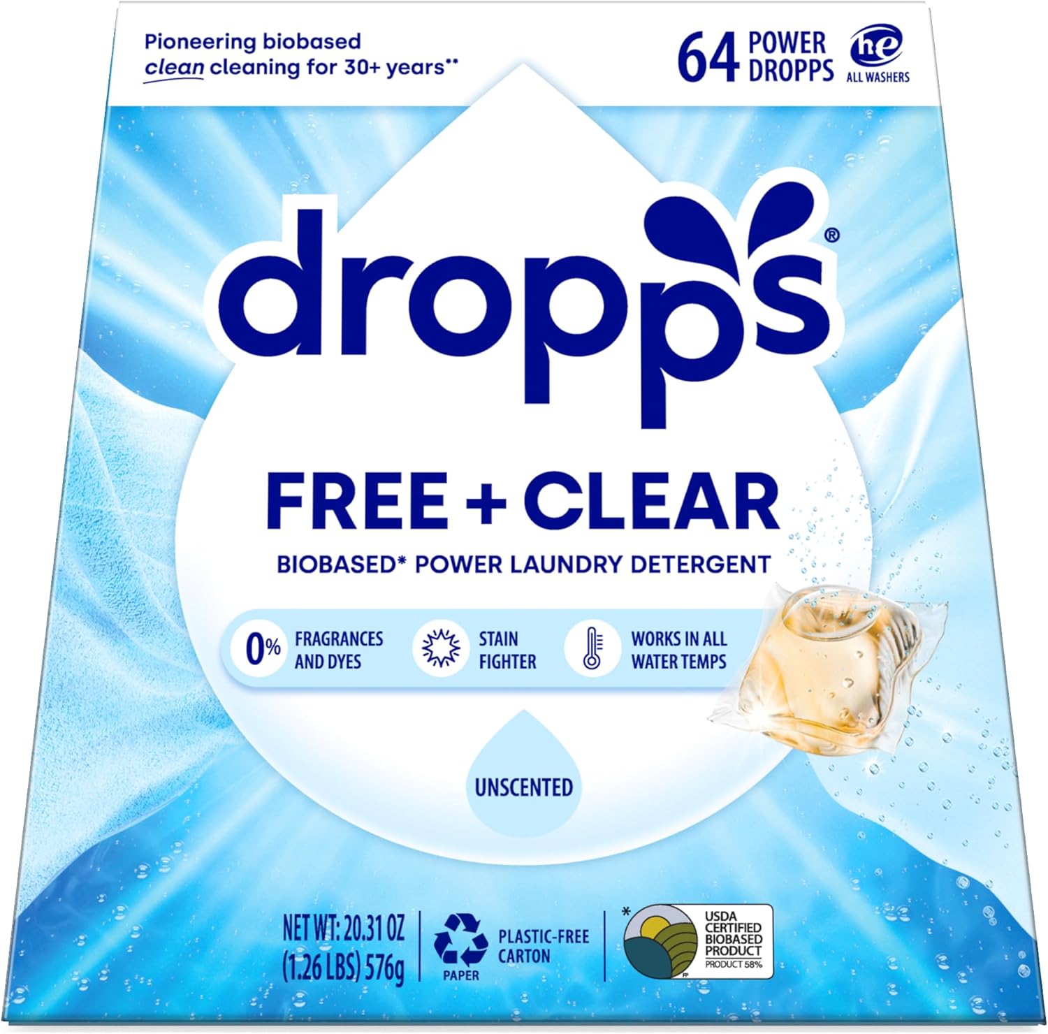 Dropps Free + Clear Biobased Power Laundry Detergent Pods, Unscented (64 Count) - HE Compatible