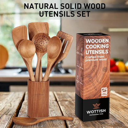 Wooden Spoons for Cooking - 8-Piece Wooden Kitchen Utensil Set made of Natural Solid Wood Material