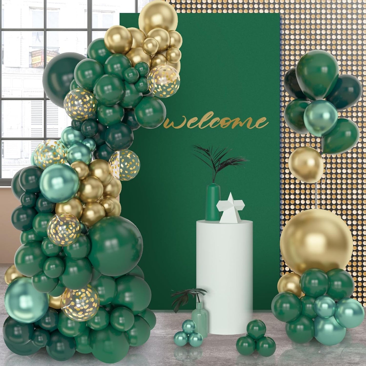 Amandir 153pcs Green and Gold Balloon Garland Arch Kit, Different Sizes 18 12 10 5 inch Green Latex