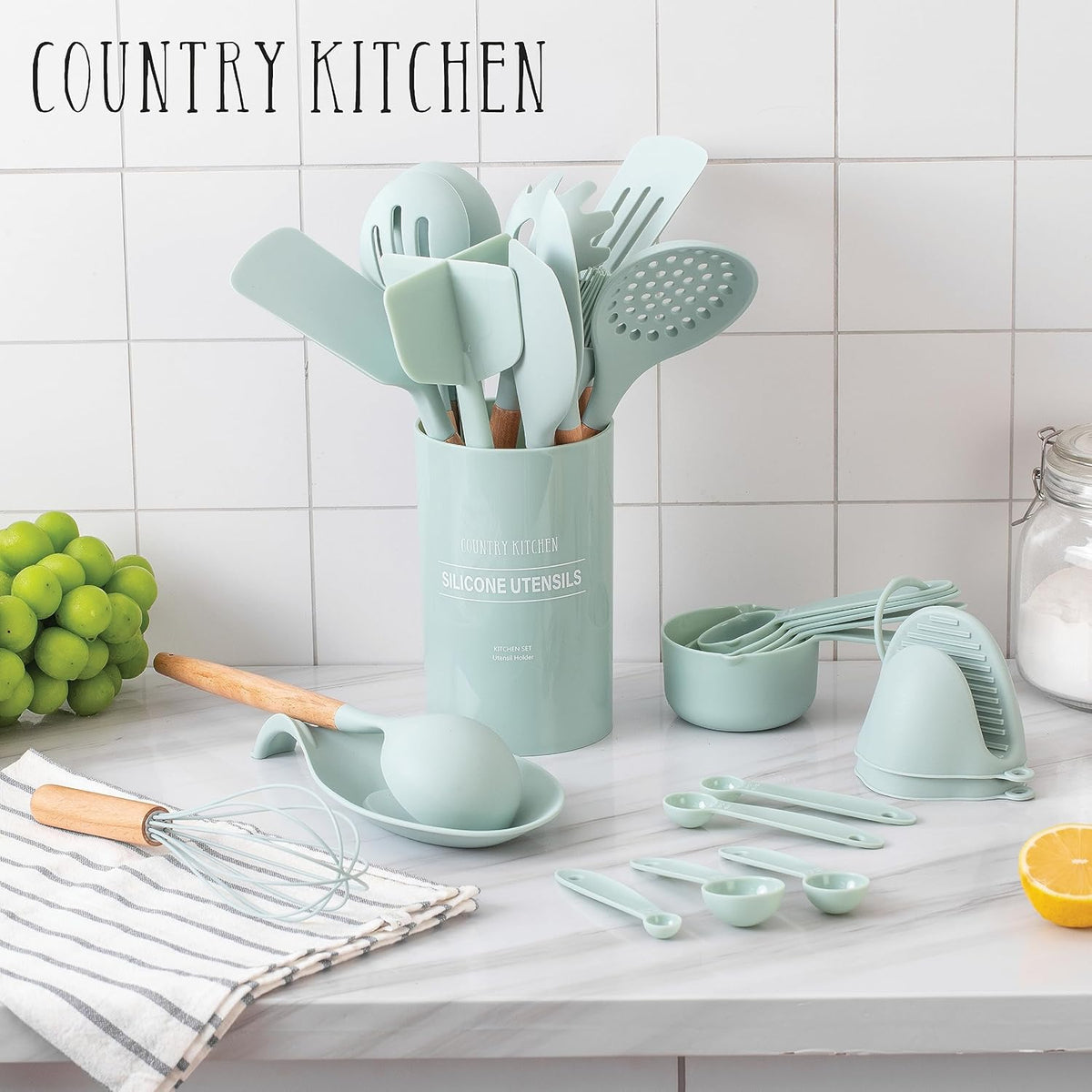 Country Kitchen Non Stick Silicone Utensil Set with Rounded Wood Handles for Cooking and Baking, 38
