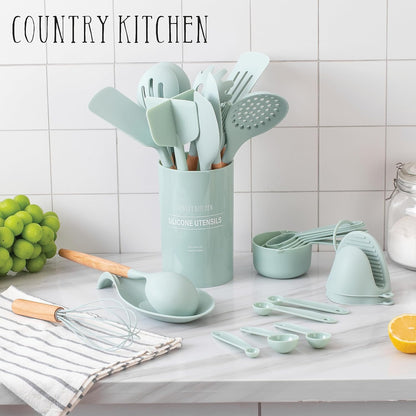 Country Kitchen Non Stick Silicone Utensil Set with Rounded Wood Handles for Cooking and Baking, 38