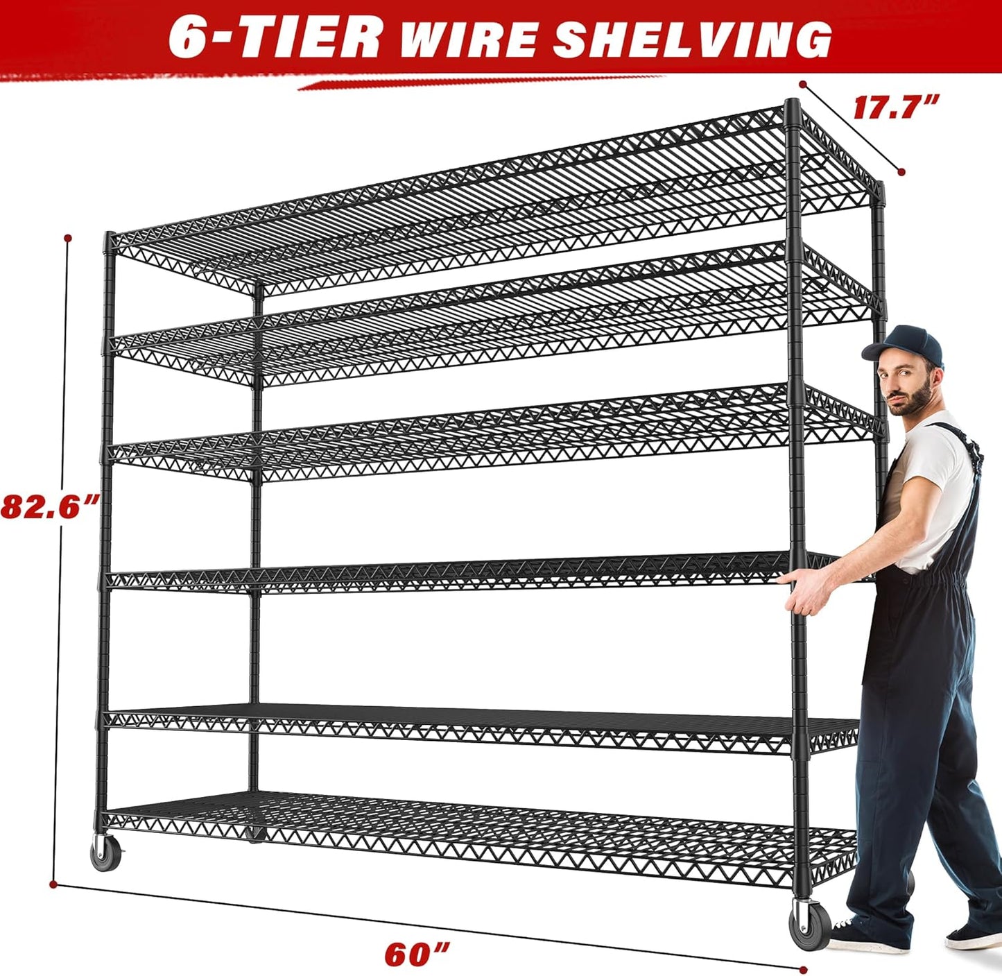 REIBII 60''W X 82.6" H Steel Heavy Duty Wire Shelving Unit with Wheels, 6-Tier Adjustable Storage