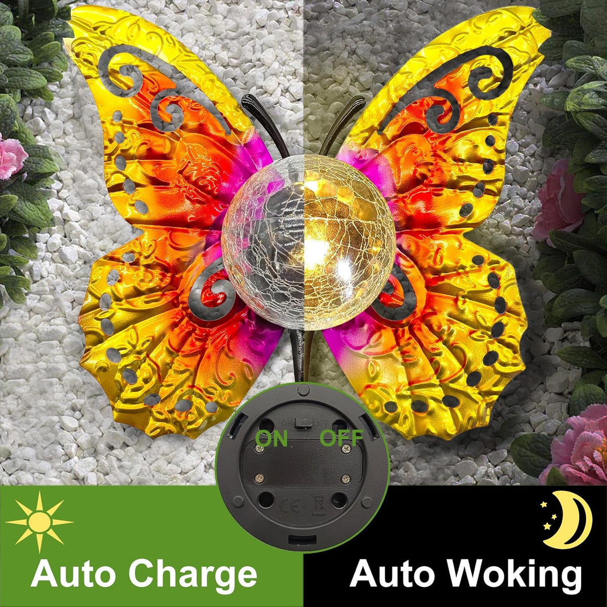 Solar Lights Outdoor Garden Butterfly Decor, Metal Butterfly Statue Decoration with LED Crackle