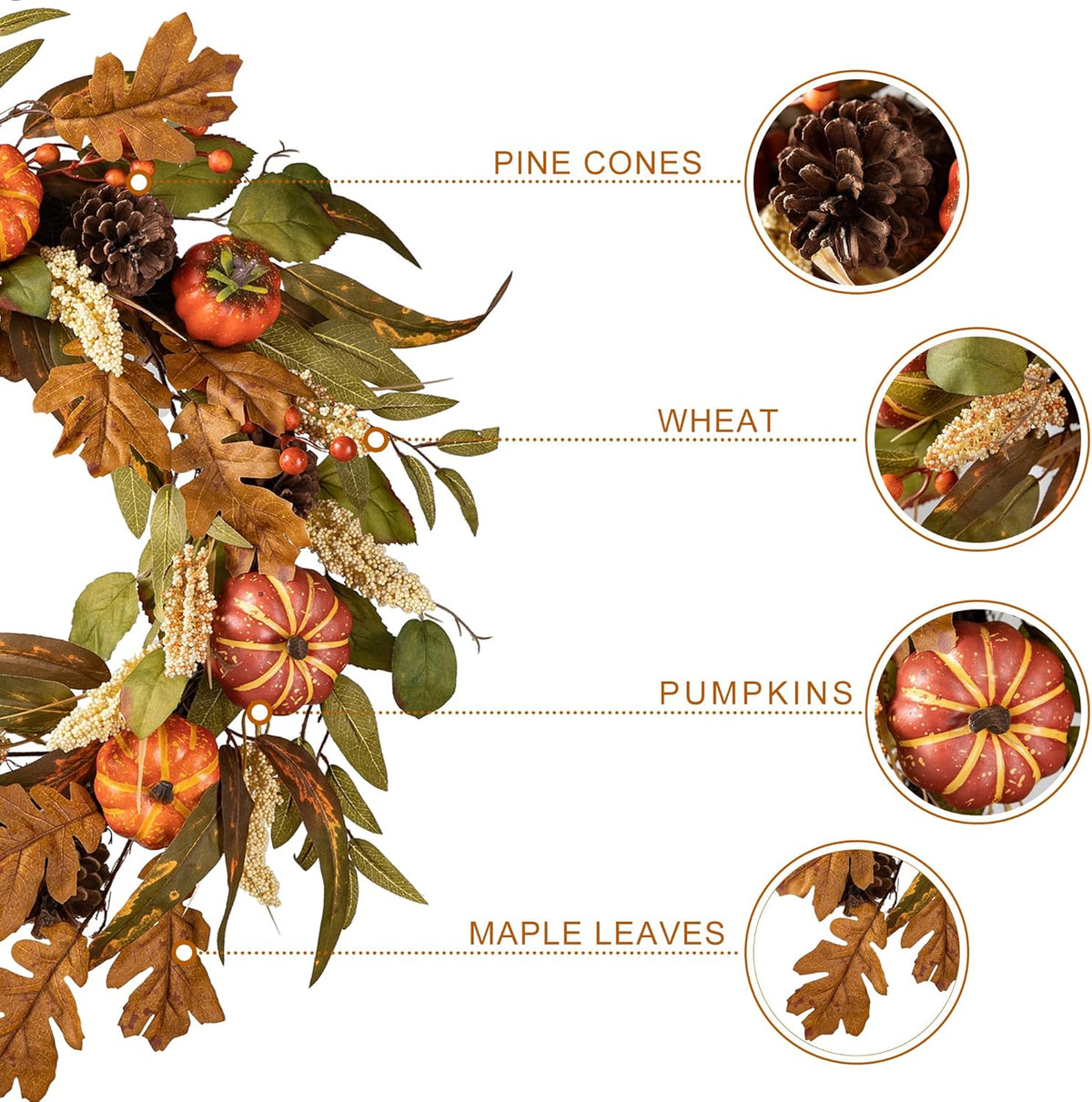 Glitzhome 24''D Fall Pumpkin Leaf Floral Wreath Decor, Artificial Harvest Door Wreath for Autumn or