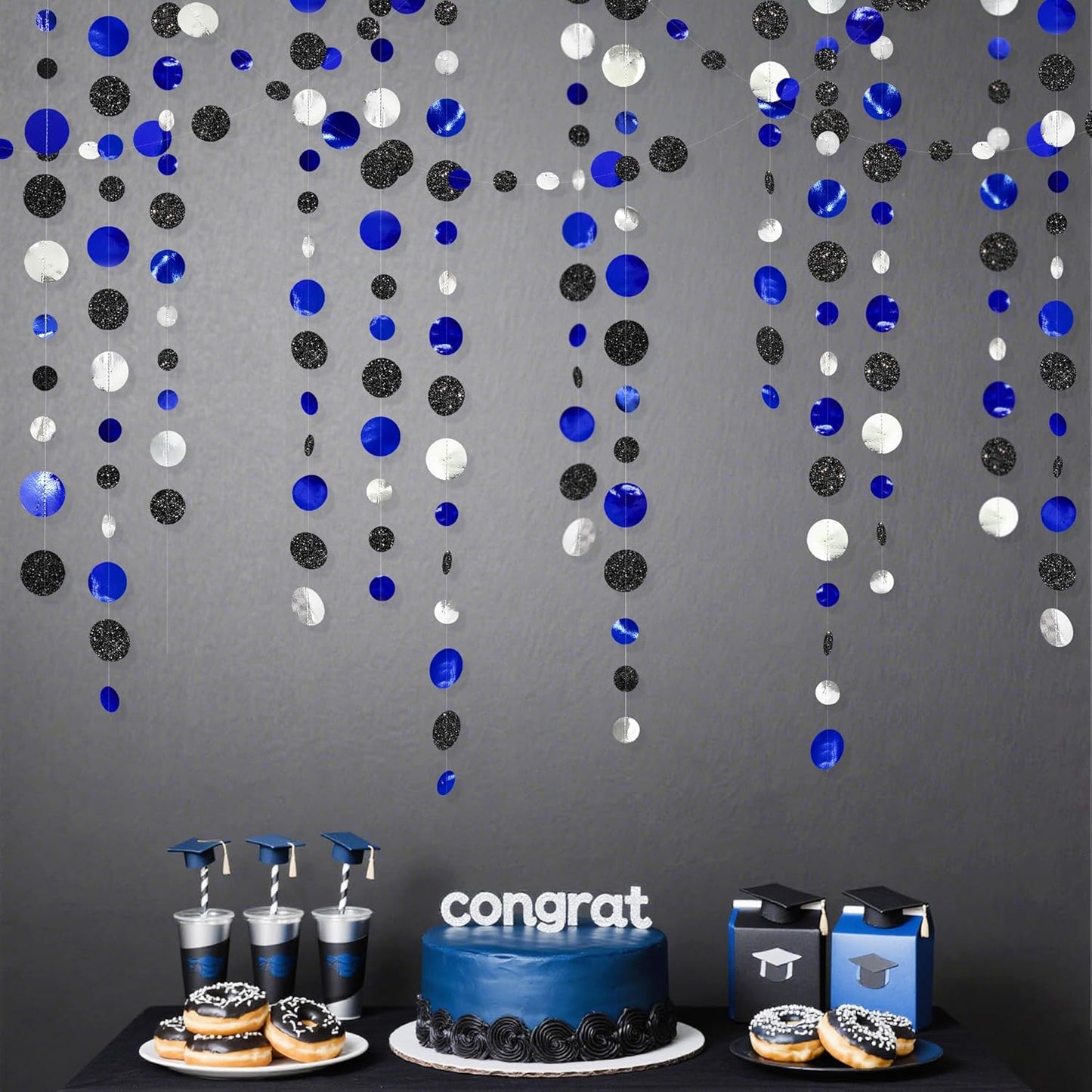 46Ft Navy Blue Black Silver Circle Dots Garland Royal Blue Black Polka Dots Streamer for Birthday