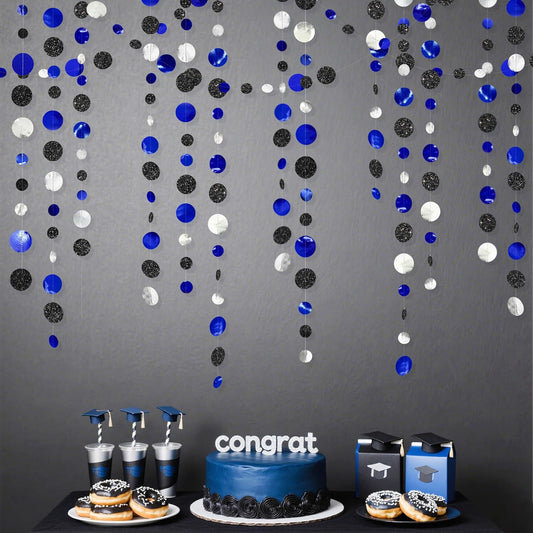 46Ft Navy Blue Black Silver Circle Dots Garland Royal Blue Black Polka Dots Streamer for Birthday