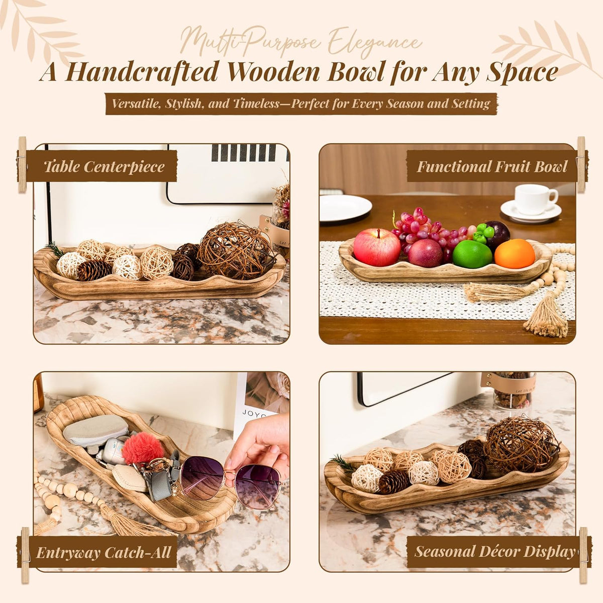 Wavy Edge Wooden Dough Bowl for Decor 16"L Lightweight Paulownia Wood Hand Carved Decorative Wooden