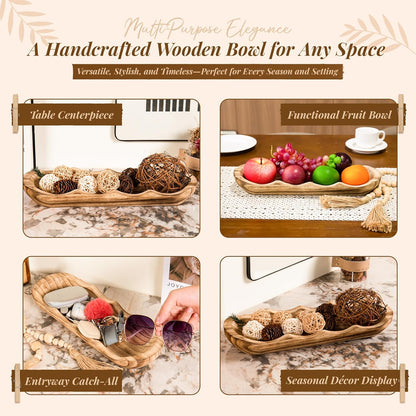 Wavy Edge Wooden Dough Bowl for Decor 16"L Lightweight Paulownia Wood Hand Carved Decorative Wooden