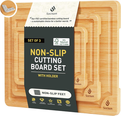 Bamboo Cutting Board Set Non Slip Feet with Holder Over Sink Kitchen Gadgets Charcuterie & Chopping