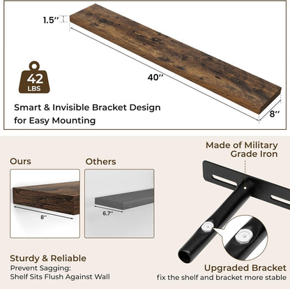 RICHFOCUS 40Inch Floating Shelves for Wall 2 Pack Shelves for Bedroom|Kitchen|Bathroom Wall Mounted