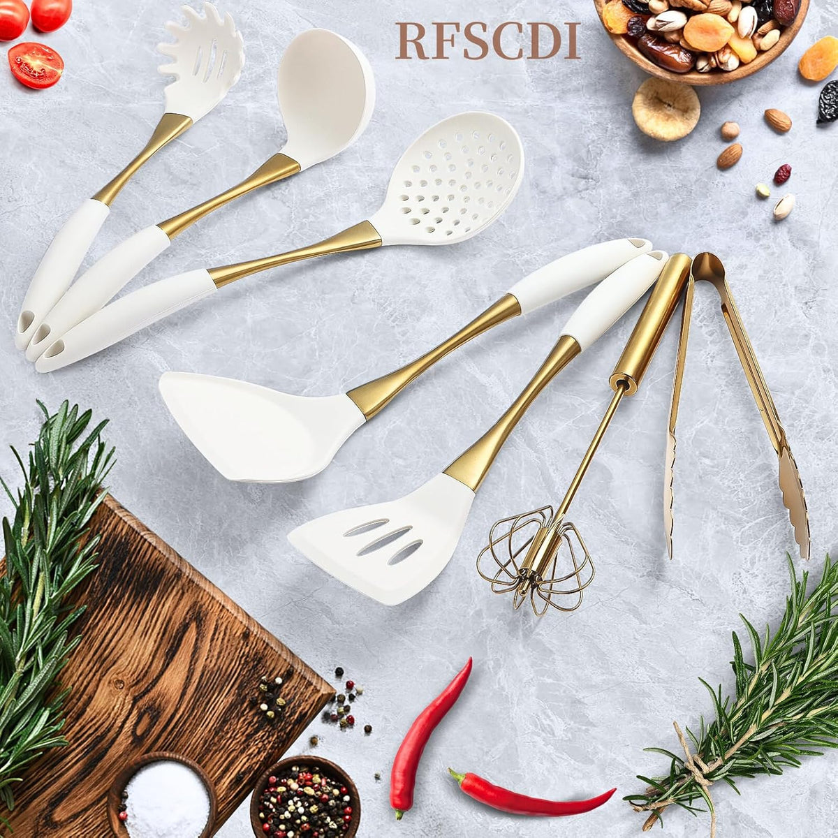Elegant White Gold Silicone Cooking Utensils Set - Non-Toxic, Dishwasher Safe Kitchen Utensils Set
