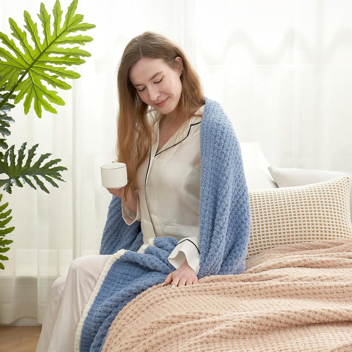 Snuggle Sac Blue Waffle Throw Blanket for Couch Bed Sofa 60x80 inches, Reversible Blue Blanket