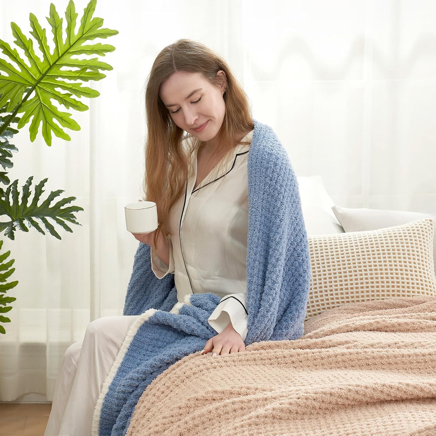 Snuggle Sac Ultra Soft Waffle Throw Blanket for Couch Bed Sofa 50x60 inches, Reversible Blue