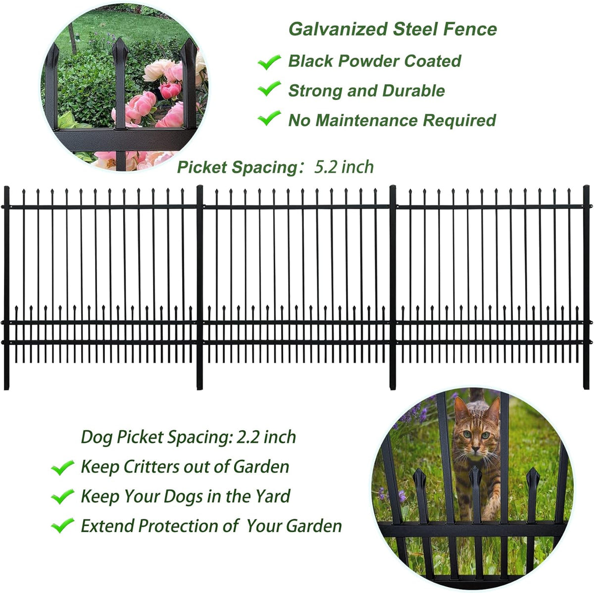 Metal Fence Panels with Dog Pickets, 6ft H x 6.5ft W Galvanized Steel Fence DIY Installation for