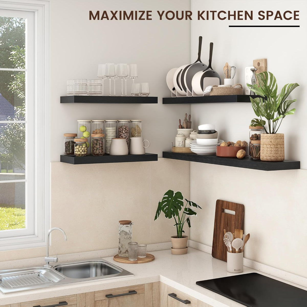 Floating Shelves - 2 Large Wall Mounted Shelves with Invisible Brackets, Long Wood Floating Wall