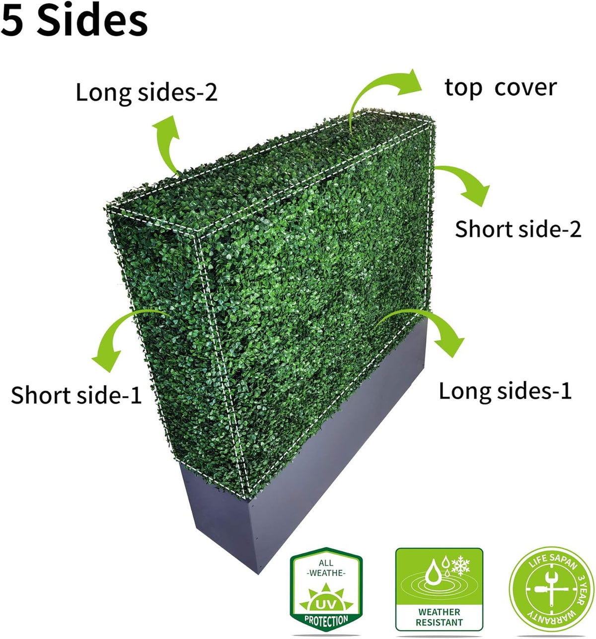 AGPL Upgraded Artificial Boxwood Hedge Wall with Dark Gray Stainless Steel Planter (96" Height 48"