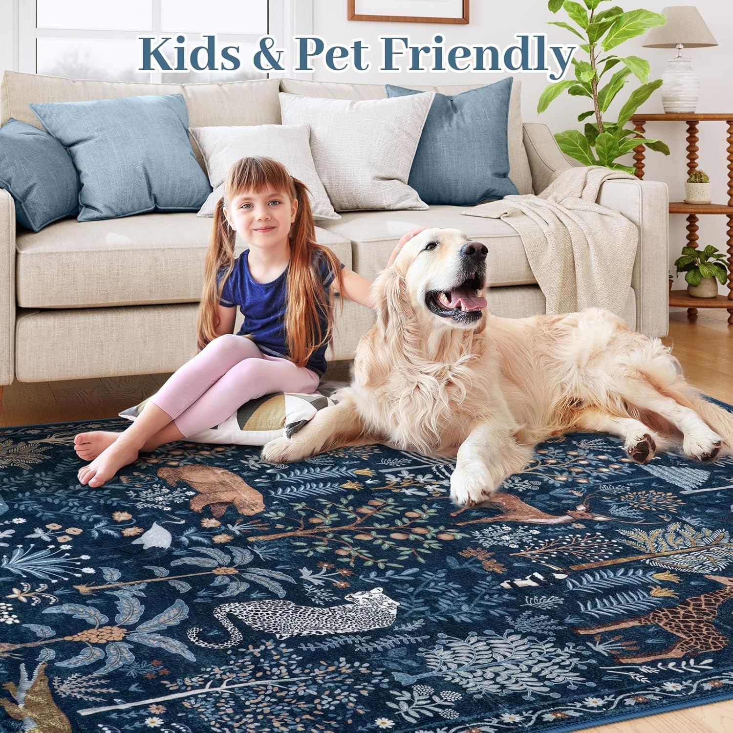 OJIA Jungle Print Blue 5x7 Rugs for Living Room, Soft Ultra-Thin Washable Area Rugs for Bedroom