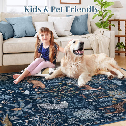 OJIA Jungle Print Blue 5x7 Rugs for Living Room, Soft Ultra-Thin Washable Area Rugs for Bedroom
