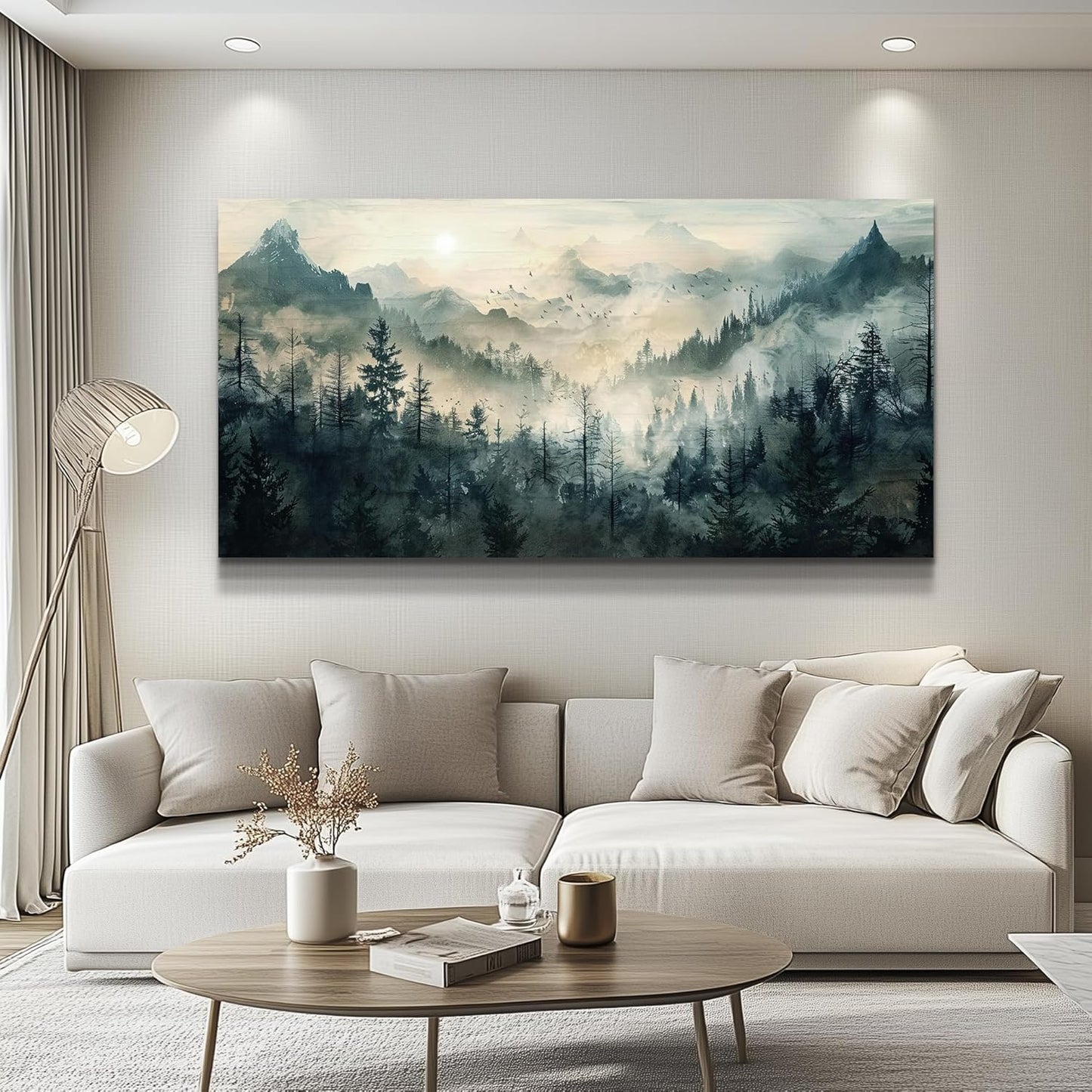 KELIYUAN Large Canvas Misty Forest Wall Art Mountain View Home Decor For Living Room Bedroom Office