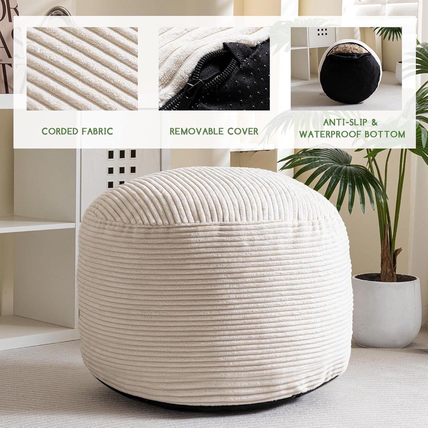 HIGOGOGO Round Stuffed Pouf Ottoman, Corduroy Poufs with Foam Chunk Filling, Furry and Fluffy Pouf