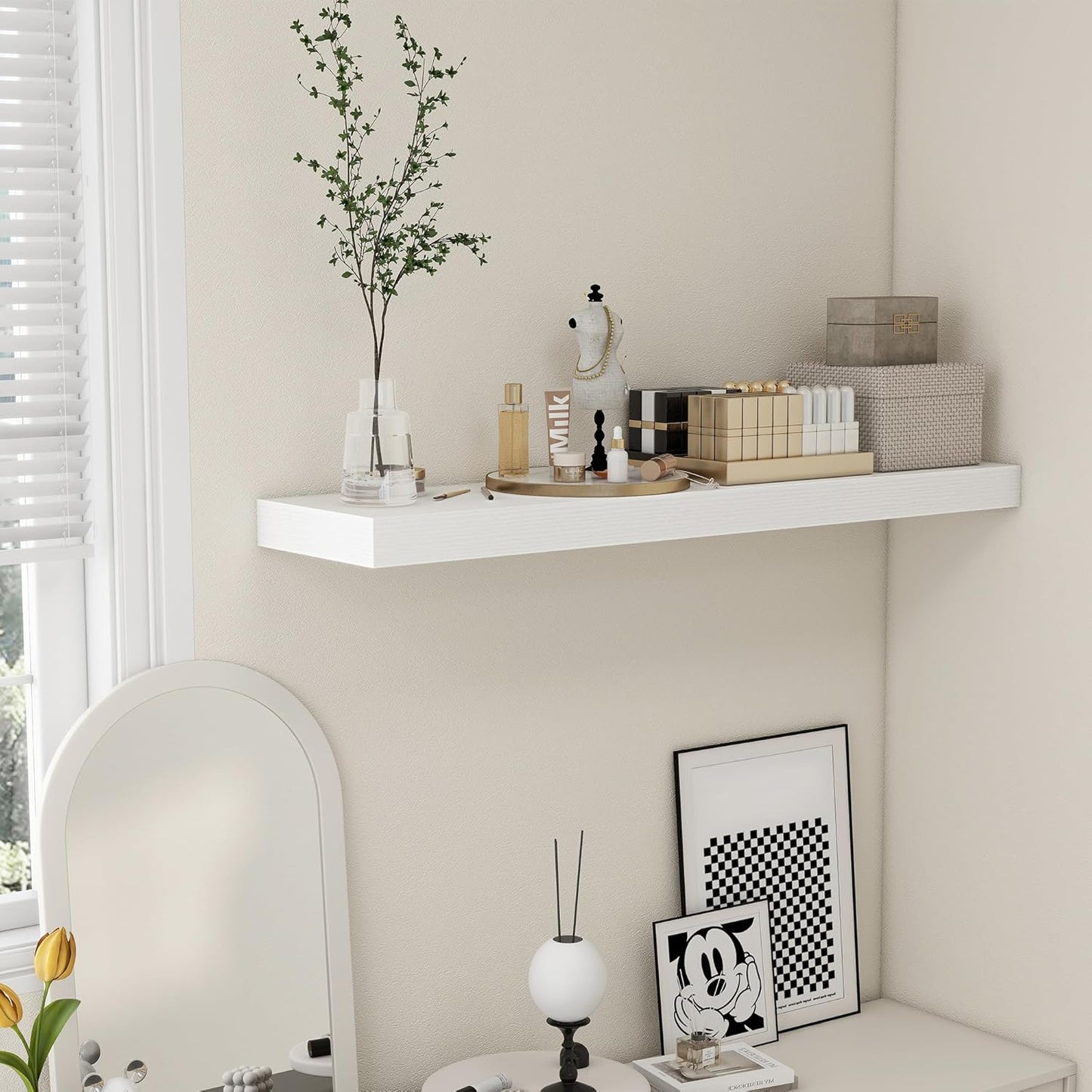 White Floating Shelves for Wall - 48 Inch Wide x 12 Inch Deep Wall Shelves Set of 1 - Rustic Wood