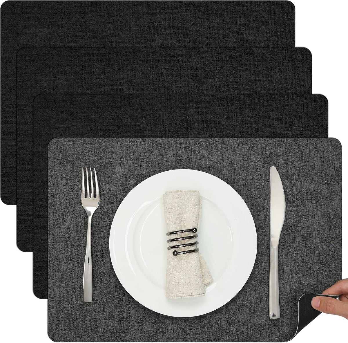 Myir JUN Dual Sided Faux Leather Place Mats Set of 4, Indoor & Outdoor Placemats - Non-Slip