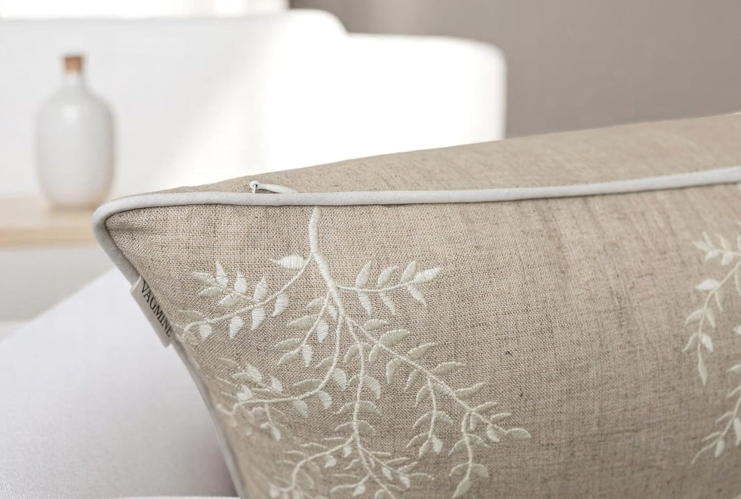 VAGMINE Embroidered Leaves Throw Pillow Cover - 20x20 Inches Square - 100% Linen Natural Throw