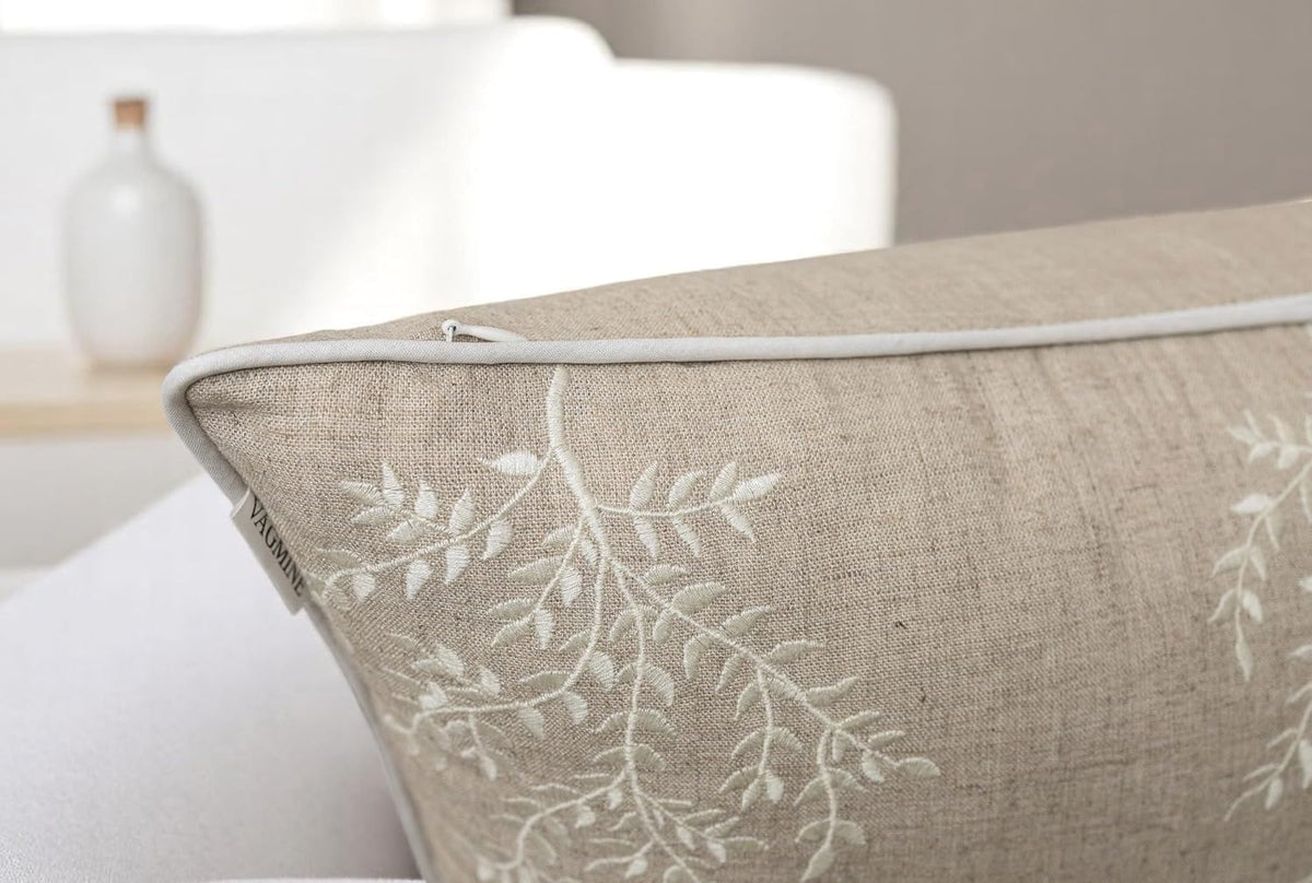 VAGMINE Embroidered Leaves Throw Pillow Cover - 20x20 Inches Square - 100% Linen Natural Throw