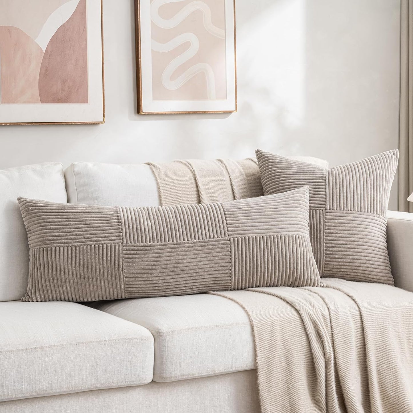 Fancy Homi Set of 2 Neutral Taupe Boho Long Lumbar Body Decorative Throw Pillow Cover 14x36 Inch