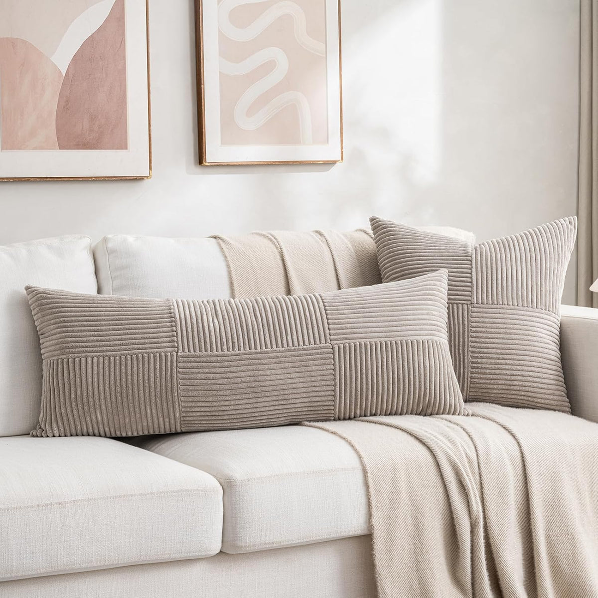 Fancy Homi Set of 2 Neutral Taupe Boho Long Lumbar Body Decorative Throw Pillow Cover 14x36 Inch