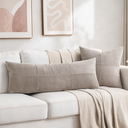 Fancy Homi Set of 2 Neutral Taupe Boho Long Lumbar Body Decorative Throw Pillow Cover 14x36 Inch