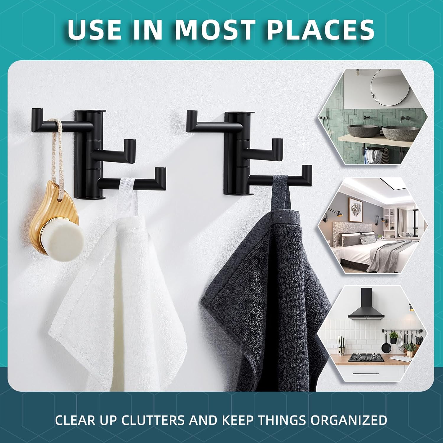 Angle Simple Swivel Towel Hooks for Bathroom, SUS 304 Stainless Steel Foldable 3 Arms Robe Towel