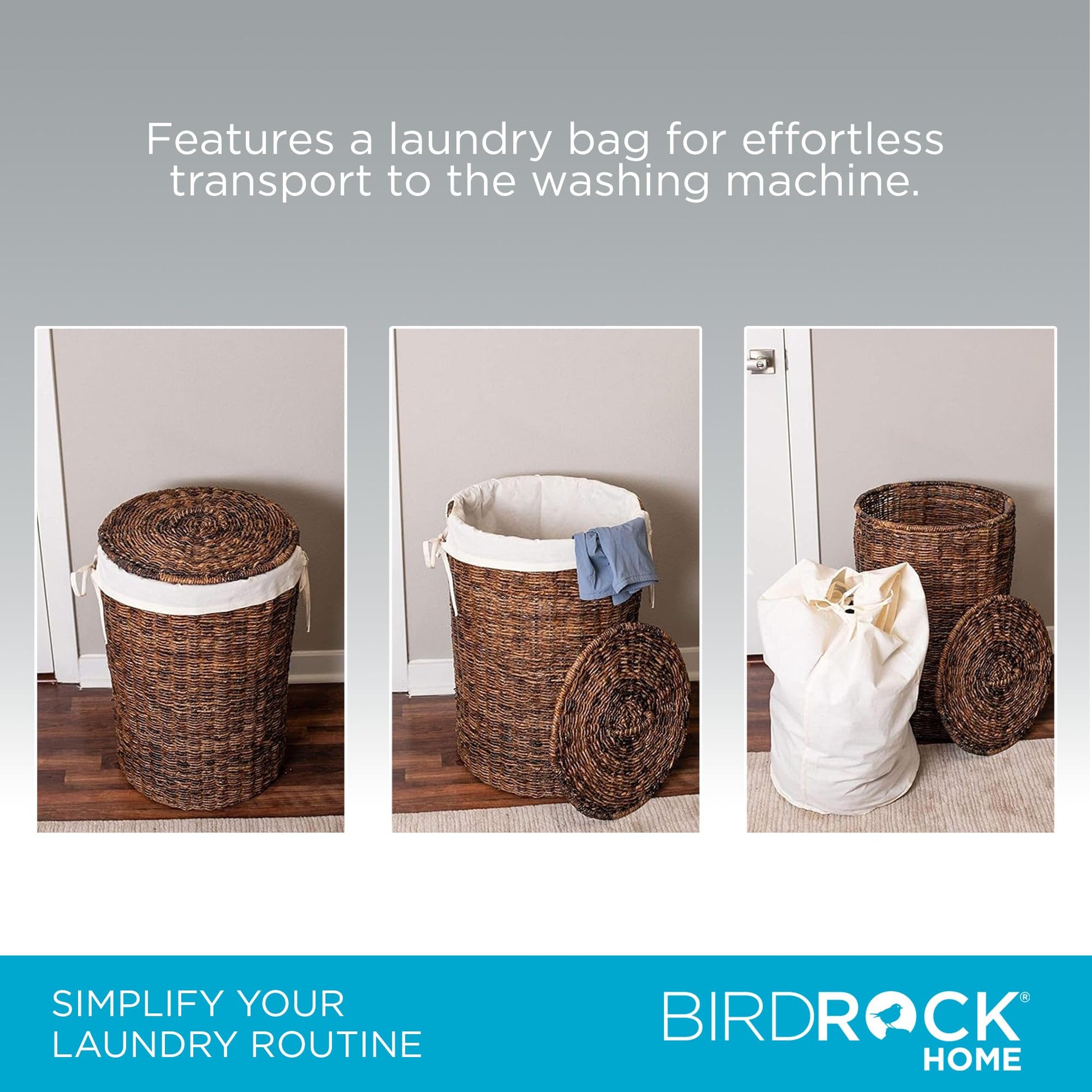 BIRDROCK HOME Seagrass Laundry Hamper with Lid & Liner - Handwoven Round Basket with Handles for