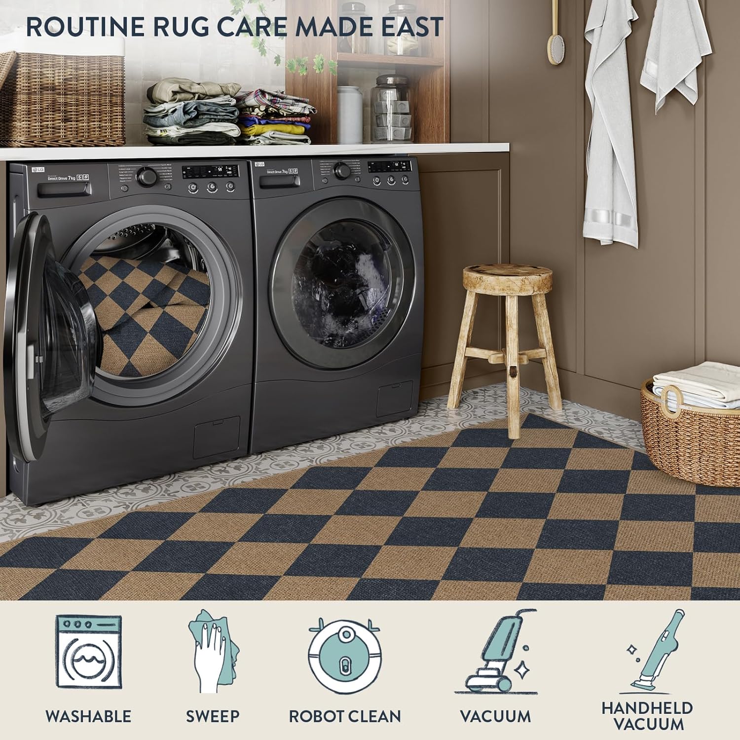Lahome Checkered Easy Jute Entryway Rug, 3x5 Washable Area Rugs for Living Room Outdoor Patio, Non