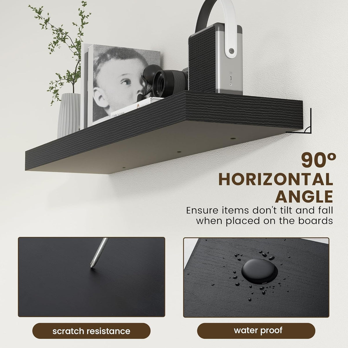 12'' Deep Floating Shelves, 48 Inch Large Floating Shelf Black, Deep Wall Shelves for Living Room