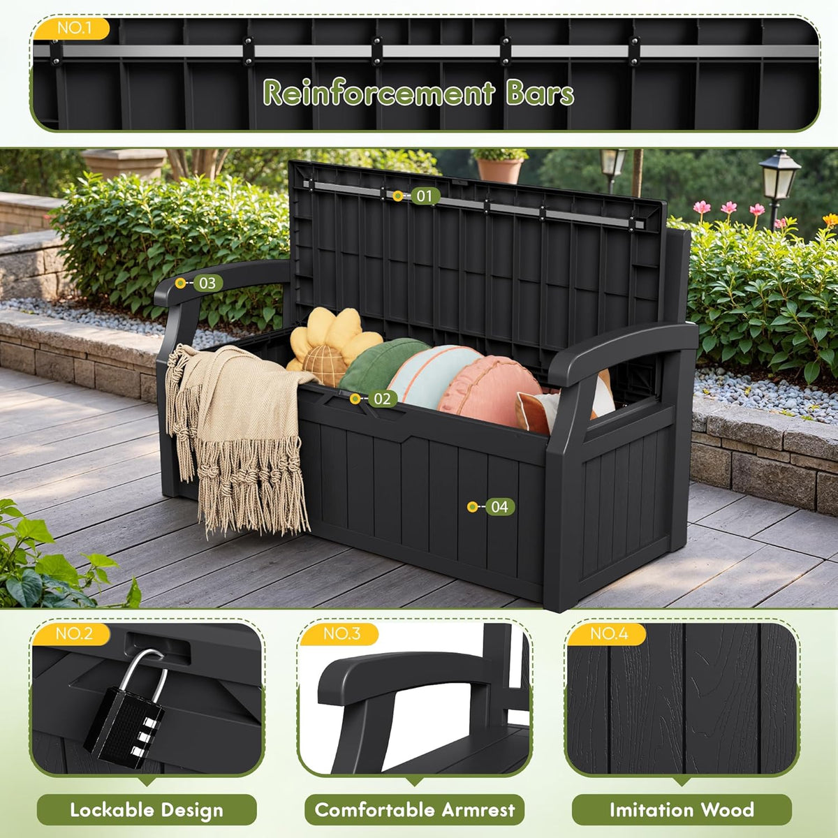 Greesum 80 Gallon Storage Bench Outdoor Deck Box with Armrest, Patio Furniture,Lockable, Waterproof