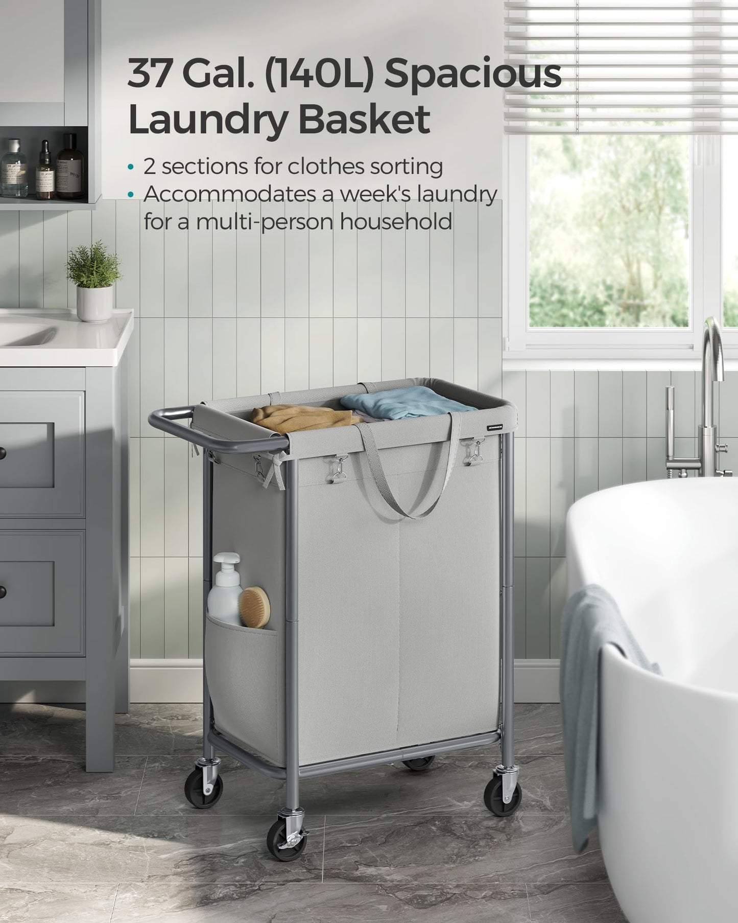 SONGMICS Laundry Basket with Wheels, 2-Section Rolling Laundry Hamper, 37 Gallons (140 L)