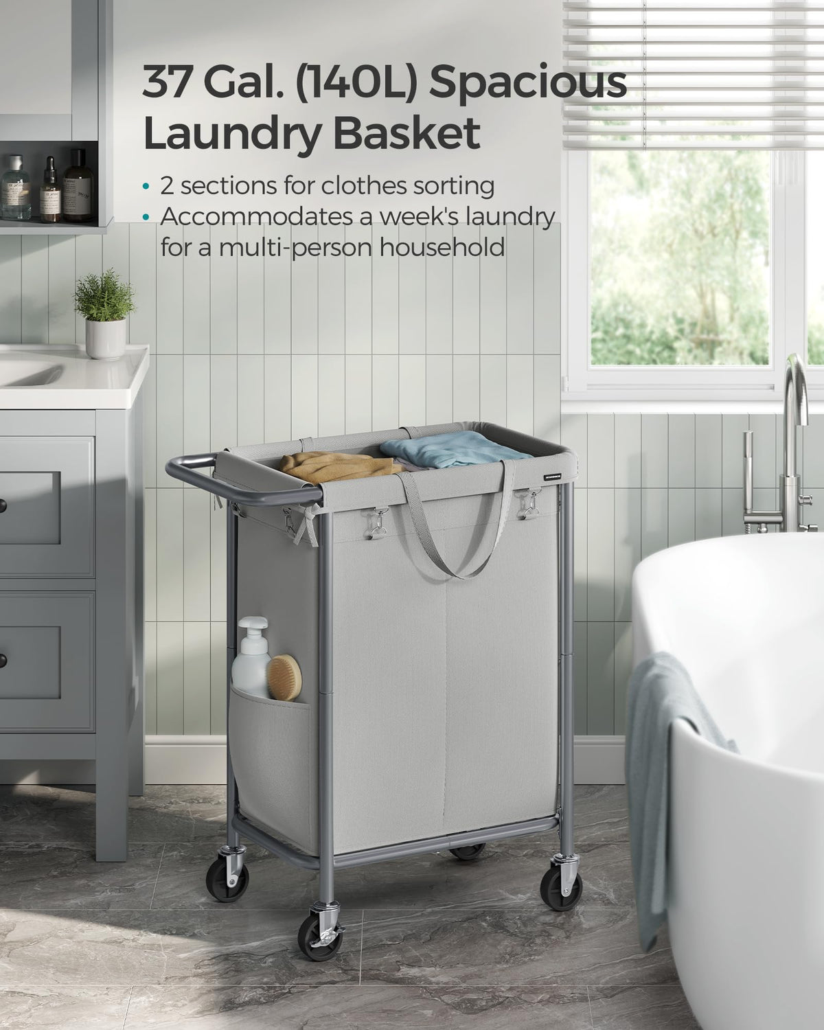 SONGMICS Laundry Basket with Wheels, 2-Section Rolling Laundry Hamper, 37 Gallons (140 L)