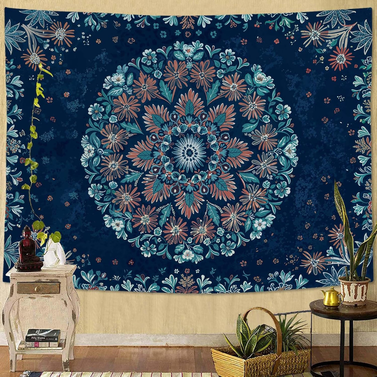 Fowocu Boho Floral Mandala Tapestry Wall Hanging Blue Bohemian Flower Medallion Tapestry Aesthetic