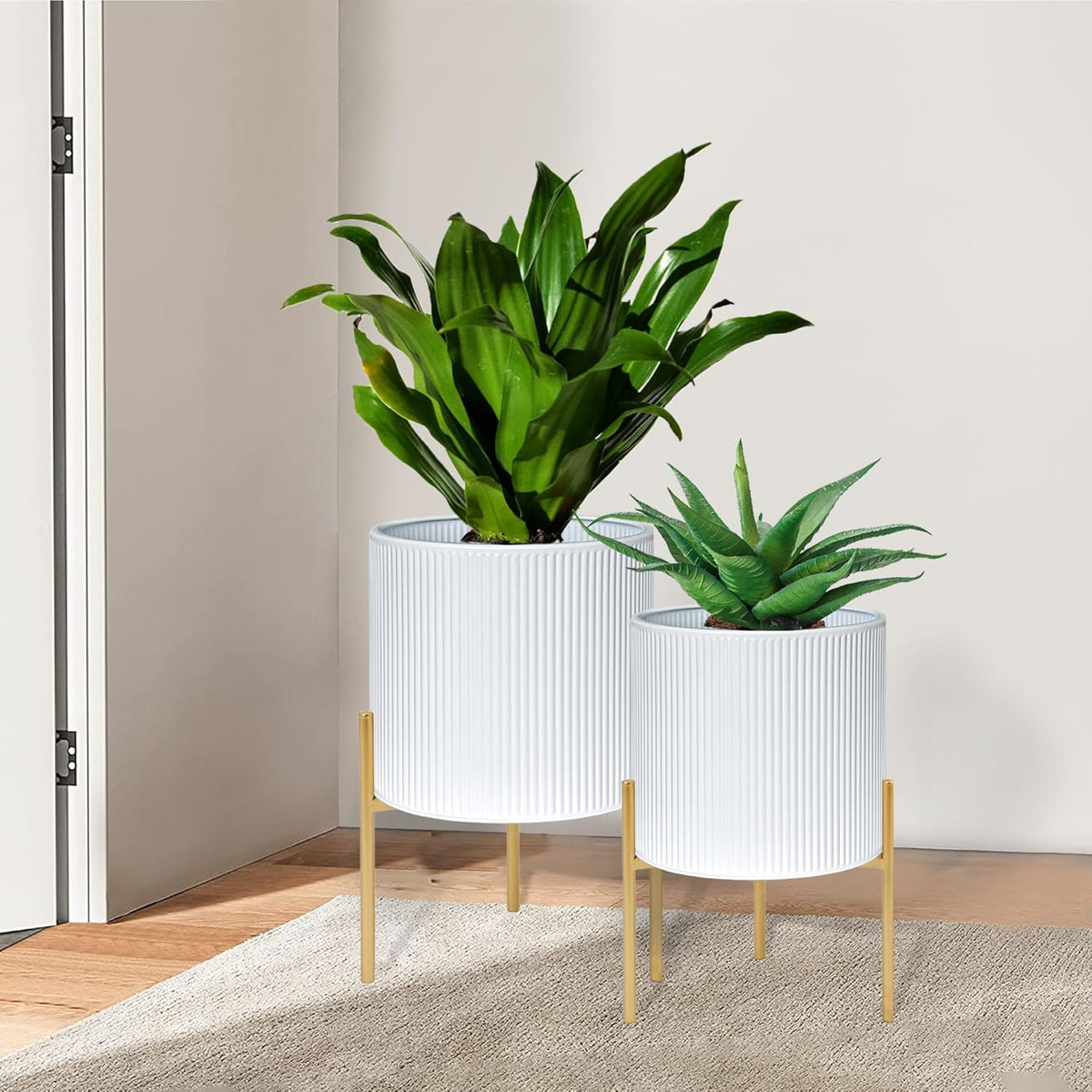ARNIS Modern Plant Pots, Set of 2 Round Large Planters with Stand, Large Size Metal Pots with