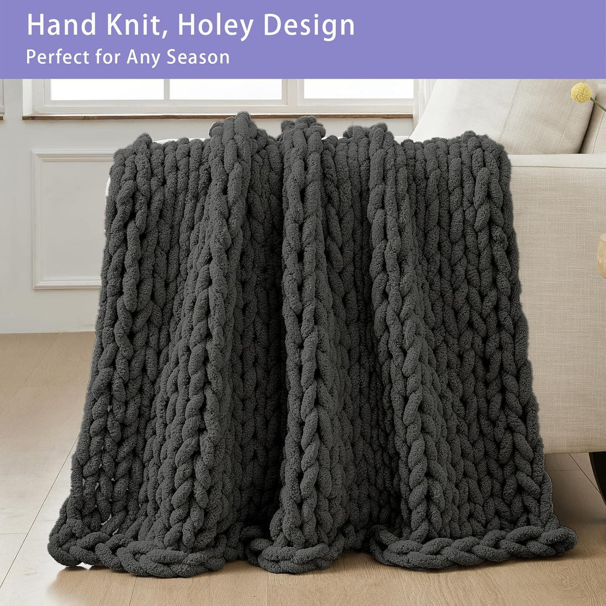 Bigacogo Chunky Knit Throw Blanket for Couch, 51x63 inches, 100% Hand Knitted with Thick Jumbo